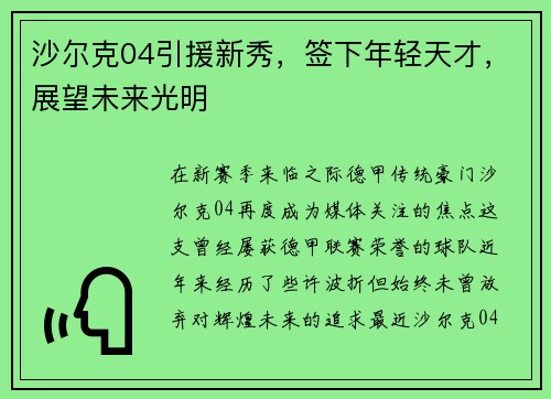 沙尔克04引援新秀，签下年轻天才，展望未来光明